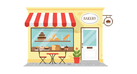 Charming bakery facade with striped awning and display of delicious pastries and bread illustration inviting customers to indulge in sweet and