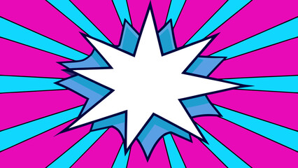 Explosive comic book style burst with vibrant pink and blue rays and a white starburst speech bubble