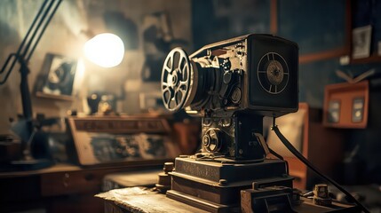 Vintage film projector in a dimly lit room with warm light source