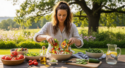 A woman joyfully preparing a vibrant, healthy summer salad with garden-fresh vegetables and feta cheese outdoors on a sunny day.