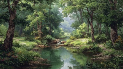 Lush forest scene with a winding stream
