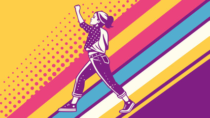 Empowered young woman strides forward with fist raised against a vibrant diagonal stripe and polka dot background