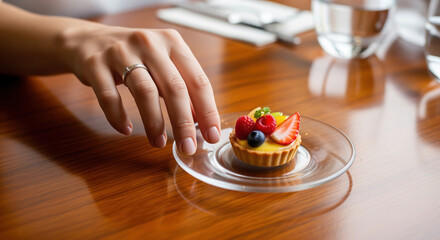 A close-up high-angle view of a woman's hand, adorned with a delicate ring, gently reaching for a vibrant fruit tart on a polished wooden table.