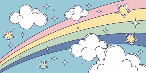 Whimsical pastel rainbow and starry sky with fluffy clouds illustration