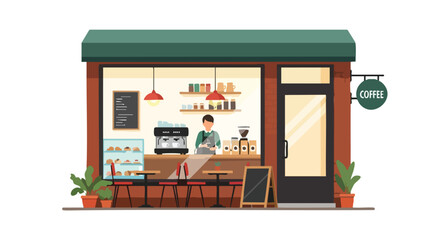 Obraz premium Charming coffee shop facade illustration with warm lighting and inviting ambiance, showcasing cozy urban cafe aesthetic and vibrant cafe concept