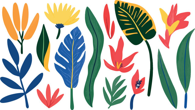 Vibrant collection of stylized tropical leaves and exotic flowers in a colorful flat design