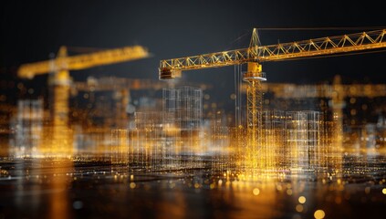 Construction Cranes Over Futuristic Cityscape at Night with Gold Lights
