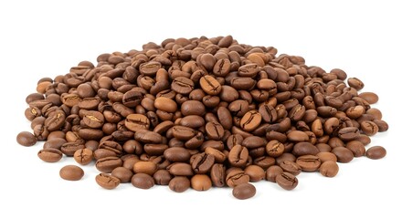 Pile of roasted coffee beans on a white background.