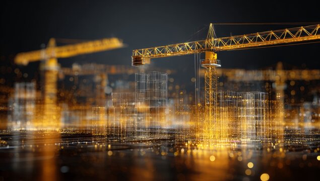 Construction Cranes Over Futuristic Cityscape at Night with Gold Lights