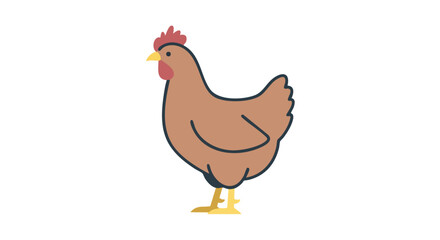 Animated brown hen standing against a plain white background in a simple style drawing presenting farm life in a whimsical illustration