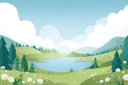 A picturesque landscape of a serene lake nestled amongst rolling hills.
