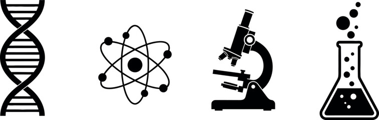 Science icons set. DNA double helix, atom, microscope, and chemistry flask vector illustration. Concepts of scientific research, education, and laboratory work.