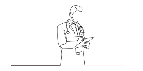 Continuous line drawing of a doctor writing on clipboard,representing healthcare,medical service,checkup,diagnosis,and hospital concept.Minimalist one line art for medicine and health design.