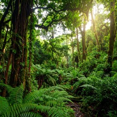 Fototapeta premium Lush Tropical Rainforest Sunlight Path Through Lush Vegetation.
