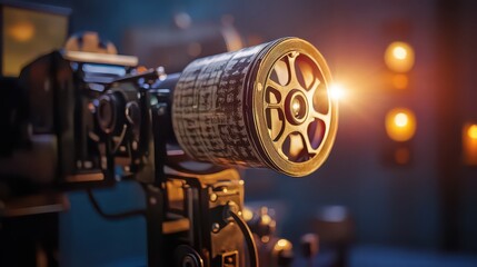 Naklejka premium Closeup of a vintage film camera lens with soft lighting in background