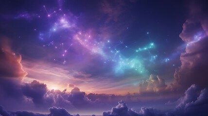 Dreamy sky with clouds and stars, perfect for backgrounds and designs with a celestial theme