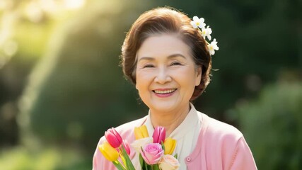 Elegant senior woman smiles holding a bouquet of flowers in a sunny garden.