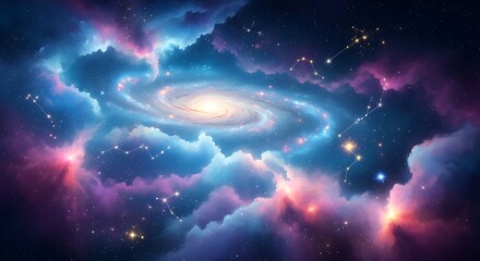 A mesmerizing spiral galaxy amidst colorful nebulae, a cosmic dance of light and wonder in deep space