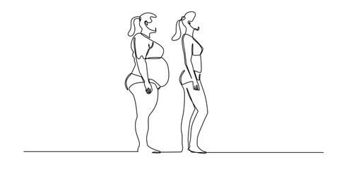 Continuous line art of overweight woman and slim woman. Minimalist body transformation illustration symbolizing diet, fitness, health, weight loss, and lifestyle change.
