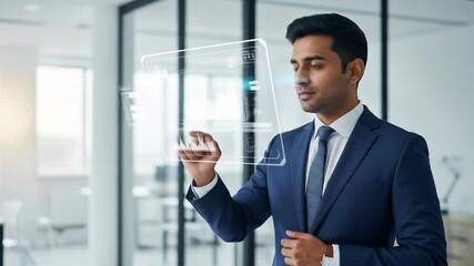 Confident businessman analyzing data on a futuristic transparent screen. - Powered by Adobe