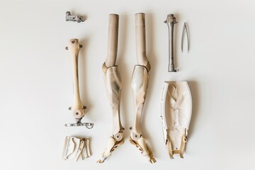 Athletic prosthetic leg flat lay on clean white background, minimal studio mockup.