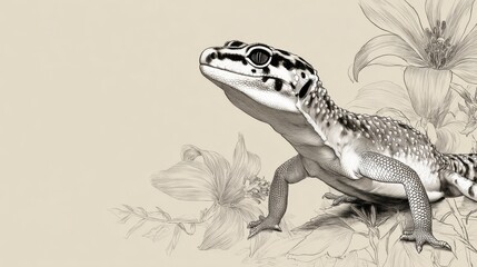 Naklejka premium Detailed Illustration of a Gecko Among Floral Elements in Monochrome
