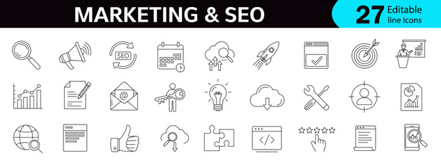 Marketing and SEO outline Icons Set. Editable line vector symbols for digital marketing, search, target, engine optimization, analytics, strategy, and web development.eps