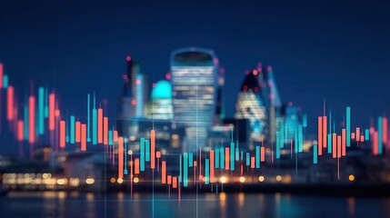 Obraz premium Financial Market Analysis with Stock Chart Overlaying a City Skyline at Night with Vibrant Colors and Illuminated Buildings in the Background