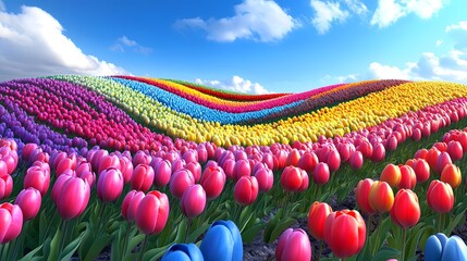 A field of multicolored tulips arranged in waves, viewed from ground level