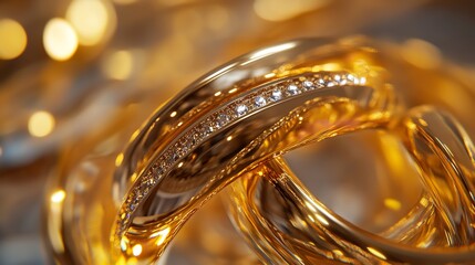 Close up of a golden chain link with diamonds on a blurred background with bokeh lights effect