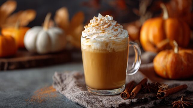Pumpkin spice latte hot drink topped with whipped cream and cinnamon on autumn background   