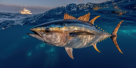 Fototapeta premium Fisherman is catching a giant tuna, battling its strength as he reels it in from the deep blue sea