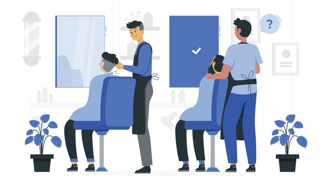 Barbershop interior scene with many clients and stylists