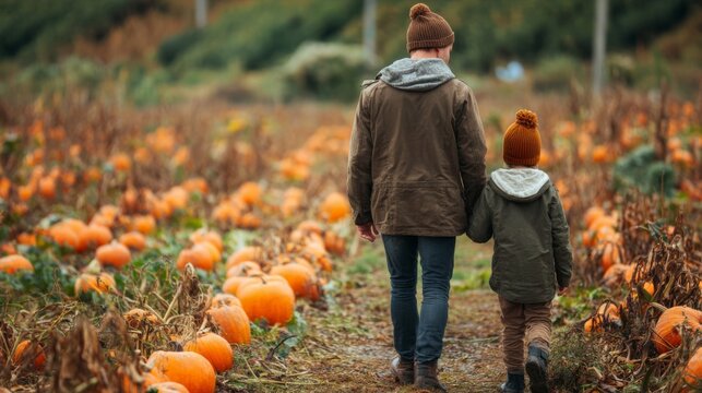Father and child walking through pumpkin field in autumn   - Powered by Adobe