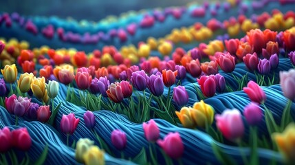 A field of multicolored tulips arranged in waves, viewed from ground level 

