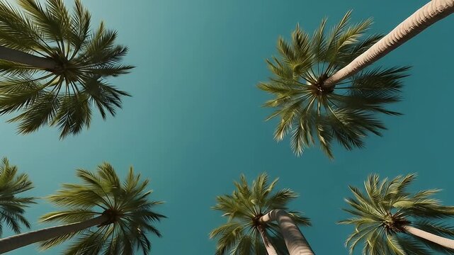 Looking up at palm trees with an airplane flying overhead on a clear day