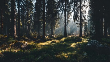 Obraz premium Sunlight streams through a dense forest, illuminating patches of ground while shadows linger in the undergrowth.