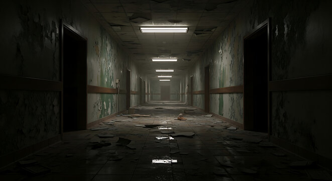 Abandoned hospital corridor with eerie dim light and haunting atmosphere - Powered by Adobe