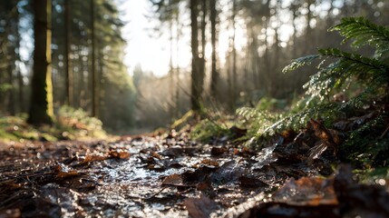 Fototapeta premium Close-up view of a forest path covered in fallen leaves and glistening with morning dew.