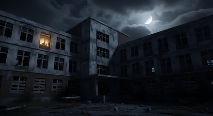 Abandoned hospital corridor with eerie dim light and haunting atmosphere