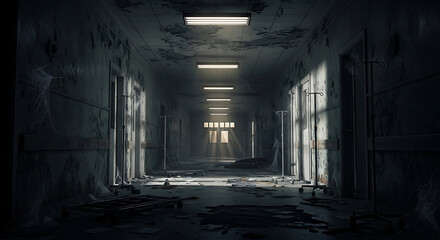 Abandoned hospital corridor with eerie dim light and haunting atmosphere