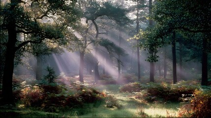 Obraz premium Sunlight streams through a tranquil woodland, illuminating the forest floor with ethereal glow.