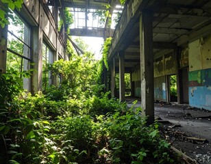 Abandoned factory overgrown with foliage