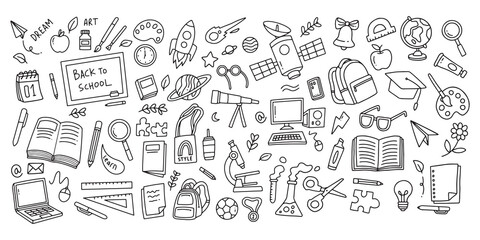Line art illustration of school supplies and elements. Doodle of back to school
