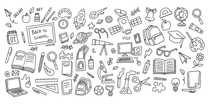 Line art illustration of school supplies and elements. Doodle of back to school - Powered by Adobe
