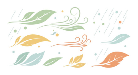 Leaves and swirls softly floating, gentle breeze design elements for airy and organic illustrations