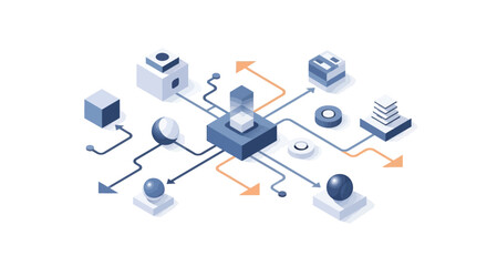 Abstract digital network system with connections and data flow, technology concept illustration