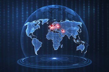 Dynamic global network data visualization with glowing hotspots, representing connectivity and digital information flow.