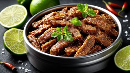  Spicy dried meat strips, earthy brown and fresh green, flavorful ethnic snack