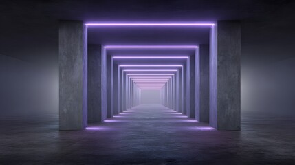 Fototapeta premium A long, gray concrete corridor is highlighted by vibrant violet neon lights, creating a futuristic, ethereal ambiance.